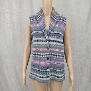Chaps Fair Isle Purple Green Multicolor Knit Button Up Sweater Vest Shawl Collar